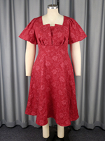AM050342 Robe de Mariée à Col Carré et Manches Courtes Bouffantes, Coupe Trapèze Imprimée, Élégante Rouge, Robe Décontractée d'Été