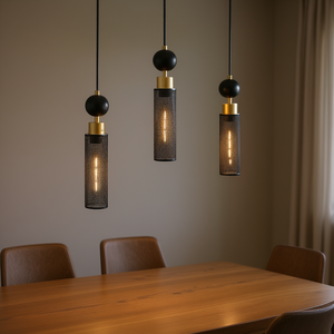 Lustre suspendu moderne à 3 lumières, noir et or, abat-jour cylindriques en maille, base E27, réglable, pour salle à manger - Product Image 2