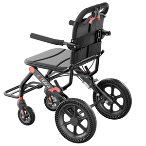 Fauteuil roulant léger en alliage d'aluminium noir avec pneus alvéolés de 12 pouces, double suspension <span class=keywords><strong>avant</strong></span> et coussin en cuir pour personnes âgées et handicapées - Product Image 4