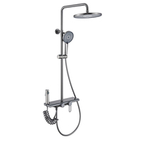 Colonne de douche apparente gris anthracite 4 fonctions en cuivre pour salle de bain, avec douche pluie, douchette à main, étagère, bidet, finition céramique et LED