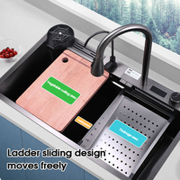 Évier de cuisine rectangulaire Tieba en acier inoxydable 304 poli à quatre trous, évier simple moderne avec robinet thermostatique cascade et lumière LED