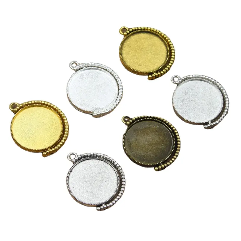 Antique Silver Bronze Can Rotate Double Sided Round Base Setting Tray Bezel Pendant Charm,fit 25mm Cabochon/Picture/Cameo