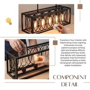 Lámpara Colgante Rectangular de 4 Luces con Círculos Entrelazados, Lámpara Colgante de Metal Negro y Vidrio - Product Image 6