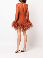 Mini-robe de soirée pour femmes nouvelle tendance formelle élégante maille col haut manches longues garniture de plumes