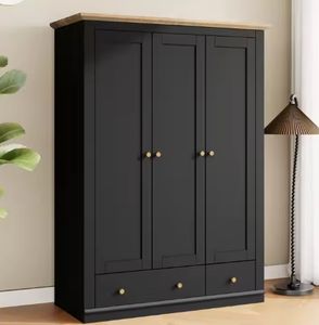 Modern Wood 3 Doors <b>Armoire</b> <b>Wardrobe</b> Closet With 3 Drawers Wooden <b>Wardrobe</b> Cabinet With Hanging Rail and Shelve for Bedroom - Product Image 3