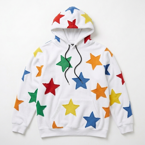 Men's White Pullover Hoodie with Multicolor Chenille <b>Star</b> Patches - Streetwear Fleece Hooded Sweatshirt with Kangaroo Pocket - Product Image 4