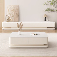 Meuble TV Luxe Léger Simple et Ensemble Table Basse Style Wabi-Sabi en Roche Dalle Blanche, Meuble de Salon au Sol