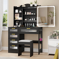Meubles de Chambre à Coucher Modernes, Coiffeuses Noires avec Rangement, Table à Maquillage avec Miroir Éclairé par LED, Éclairage RVB, 5 Tiroirs, Matériel MDF