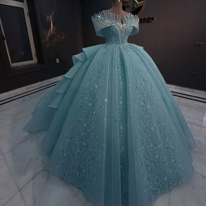 Abiti da Quinceañera <span class=keywords><strong>Blu</strong></span> Chiaro Brillante con Spalle Scoperte, Decorazioni in Cristallo e <span class=keywords><strong>Paillettes</strong></span>, Coda Lunga, <span class=keywords><strong>Vestito</strong></span> da 15 Anni Personalizzabile - Product Image 3