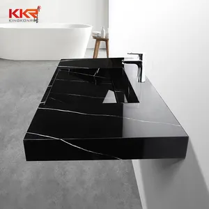 Wholesale Solid Surface Luxury Black Marble Stone Sink Artificial Stone Wash Basin Wall-mounted Hand Washing Sink