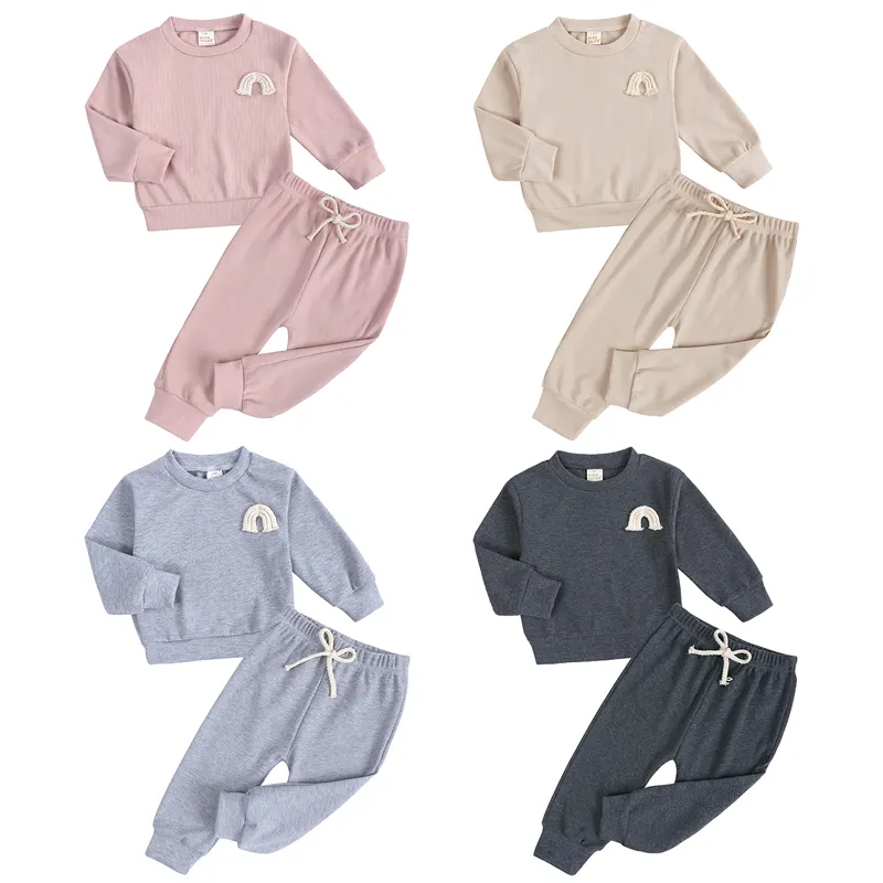 Baby Boys Girls Ribbed Cotton Long Sleeve Solid Newborn Clothing Sets Outfits Baby Clothes Set Wholesale