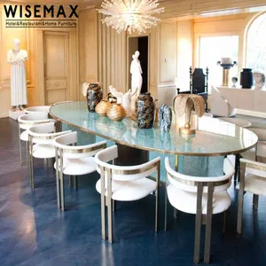 WISEMAX FURNITURE Nordic dining room furniture Oval glass table top leaf shape base hotel restaurant glass dining table