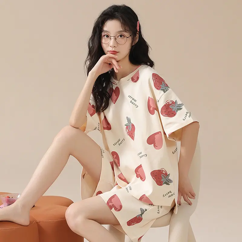 Pijama de algodón de manga corta con cuello redondo y suave, gran fábrica de China, novedad de 2013, pijamas de verano para mujer