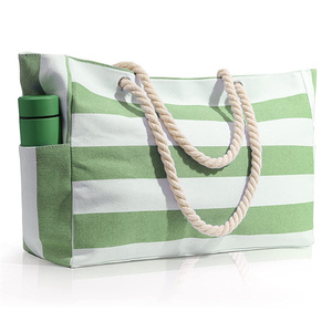 2023 poche étanche fermeture éclair grand été femmes toile rayé plage <span class=keywords><strong>sac</strong></span> fourre-tout avec fantaisie coton corde poignée - Product Image 3