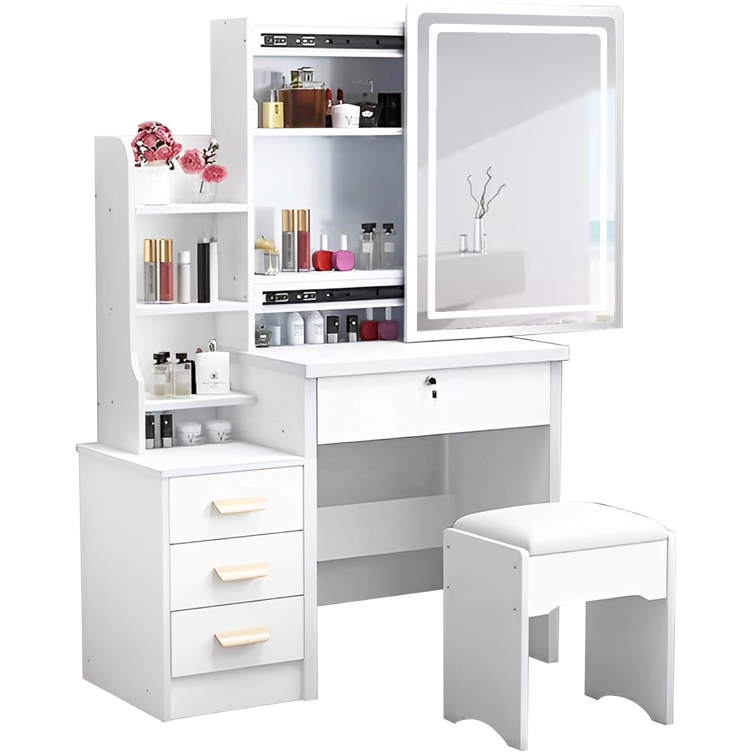 Bedroom Makeup Luxury Modern White Dressing Vanity Table Set With Led Mirror, Dressing Vanity Desk Table For Makeup Bedroom