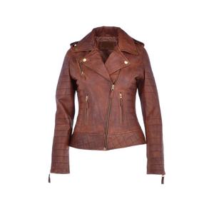 Veste en cuir véritable pour femme, élégante, marron, matelassée, de haute qualité, style motard, avec fermeture éclair sur le devant, 2026 - Product Image 1