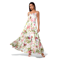 Robe longue florale 2026 prête à être expédiée, avec corset bustier, bretelles spaghetti, jupe plissée évasée, robe de plage en stock