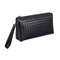 Pochette en cuir véritable noir tressé avec fermeture éclair supérieure, sangle de poignet amovible, sacs à main en cuir de vachette ciré