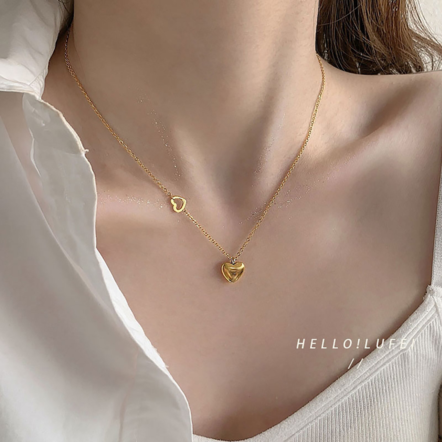 Collana Donna Con Ciondolo A Cuore, Catena A Doppio Link Oro, Lunghezza Regolabile Con Chiusura Aragosta, Gioiello Elegante Quotidiano