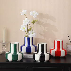 Vase en céramique artisanal Wabi-Sabi, élégant, rayé, pour arrangement de fleurs séchées, porte-fleurs pour salon, table d'entrée, Art déco haut de gamme - Product Image 3