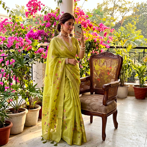 Lime Olive <b>Green</b> <b>Silk</b> Saree Gold Zari Floral Meenakari Weaving Border Matching Blouse Piece Prayosha Enterprise - Product Image 1