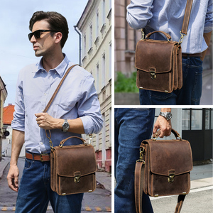 Sac messager pour <span class=keywords><strong>homme</strong></span> en cuir véritable Crazy Horse de qualité supérieure, <span class=keywords><strong>sacoche</strong></span> à rabat multi-compartiments avec pieds de protection pour les trajets quotidiens et les loisirs - Product Image 5
