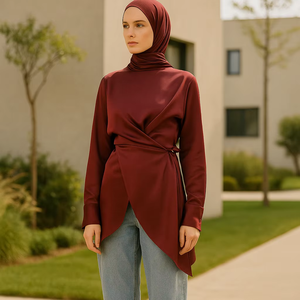 YXO013 ODM Túnica Asimétrica de Satén para Mujeres Musulmanas Modestas, Pantalones Anchos de Mezclilla, Ropa Islámica a Juego, Modal de Bambú - Product Image 1