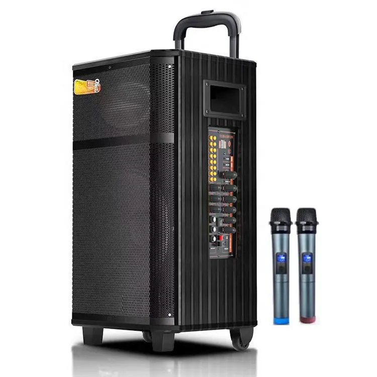 고품질 최고의 사운드 큰 전원 150W 12 인치 나무 트롤리 스피커 TWS DC 12V 충전식 나무 야외 오디오 마이크