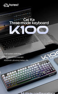 Free Wolf <span class=keywords><strong>K100</strong></span> Clavier sans fil <span class=keywords><strong>RGB</strong></span> 4000mAh à trois modes pour le bureau et les jeux Clavier à membrane de jeu gravé PBT - Product Image 4