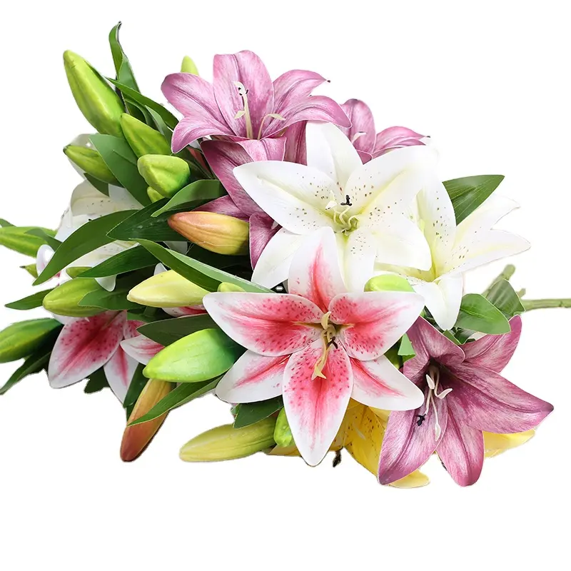 Buquê de flores artificiais para decoração de casa e casamento, buquê de flores decorativas, lírio com 2 botões, flor