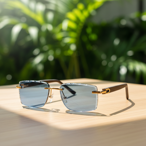 Gafas <span class=keywords><strong>de</strong></span> Sol Clásicas para Hombre y <span class=keywords><strong>Mujer</strong></span> con Adornos Metálicos, Lentes <span class=keywords><strong>de</strong></span> Nailon, Diseño sin Montura con Patillas <span class=keywords><strong>de</strong></span> Madera y Espejo - Product Image 1