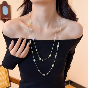 Double Layered Crystal <b>Necklace</b> For Women <b>Long</b> Sweater Chain Elegant Pendant Clothing Accessory Geometric Design Zinc Alloy - Product Image 1