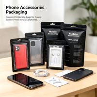 Sac à fermeture éclair en polyéthylène résistant à l'humidité imprimé sur mesure pour l'emballage d'accessoires de téléphonie mobile