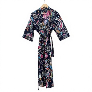 Bata Larga Estampada para Mujer, Manga Tres Cuartos, Cuello Mandarín, Cierre con Cordón, Algodón Suave Tejido, Ropa Casual de Otoño - Product Image 1