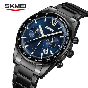 Montre à quartz chronographe SKMEI pour homme, entièrement noire, montre-bracelet sportive en acier inoxydable noir, cadran tachymètre avec date - Product Image 1