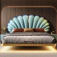Cama de Cuero Genuino con Forma de Pétalo, Diseño Flotante Inspirado en Conchas, Cama Suave para el Dormitorio Principal, BTLB059, para Hogar u Hotel, Estilo Minimalista Moderno