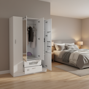 Armario Blanco de 3 Puertas con Espejo, 2 Cajones, 3 Estantes, Puertas con Bisagras, Muebles Modernos para Dormitorio - Product Image 2