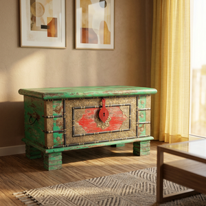 Reclaimed Wooden Indian <b>Storage</b> Vintage Trunk <b>Boxes</b> & Bins Cloth Organizer Box Painted Brass <b>Floral</b> Handcarved Living Room Hotel - Product Image 3