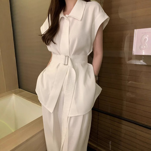 Women's Summer Collared Sleeveless Tie-Front Blouse & High-Waisted Wide-Leg <b>Pants</b> 2-Piece Set Fashion - Product Image 1