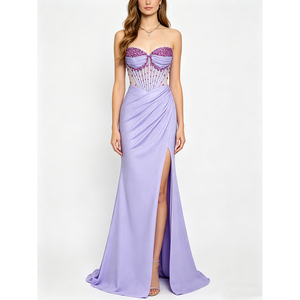 Vestido <span class=keywords><strong>de</strong></span> fiesta largo <span class=keywords><strong>de</strong></span> gran tamaño con abertura <span class=keywords><strong>alta</strong></span> y diamantes <span class=keywords><strong>de</strong></span> imitación para mujer, elegante vestido <span class=keywords><strong>de</strong></span> cóctel sin tirantes con hombros descubiertos - Product Image 5