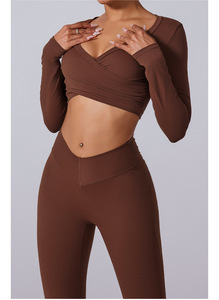 Nylon Spandex brossé lisse tricot tissu manches longues haut court et pantalon de survêtement évasé survêtement pour femmes Gym Yoga Fitness Wear - Product Image 4