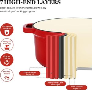Cocotte en fonte émaillée rouge avec couvercle, compatible four jusqu'à 500°F, compatible induction et gaz - Product Image 6
