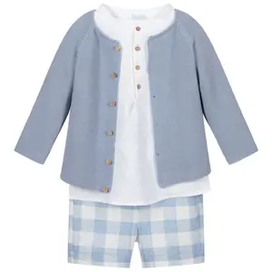 Conjunto de ropa de bebé española, conjunto de 3 piezas de camiseta y pantalones cortos de estilo europeo de alta calidad, venta al por mayor