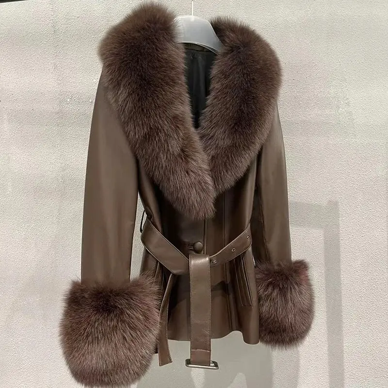 Grosir pakaian mewah wanita taobao mantel kulit domba jas hujan mantel mode bulu rubah kerah manset jaket bulu mantel kulit alami