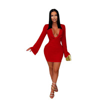 Robe moulante mini élégante à col en V profond et manches longues, style européen et américain, couleurs macaron, coupe ajustée sexy pour femme TW867