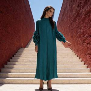 Robe Abaya plissée élégante en polyester imprimé pour femmes musulmanes, fournisseur en gros personnalisé, matériau de luxe - Product Image 4