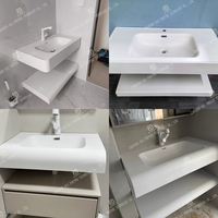 Meuble-lavabo mural moderne en pierre artificielle avec vasque en quartz blanc étanche et miroir intelligent