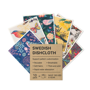 Lot de 10 torchons suédois à imprimé floral d'oiseaux, réutilisables, pour le nettoyage de la cuisine, respirants, épais et absorbants - Product Image 1