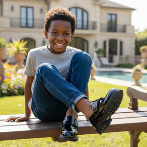 Mocassini per Bambini in Pelle Verniciata con Fibbia Metallica, Suola Morbida Antiscivolo, Finitura Lucida, Chiusura Slip-on, Suola Esterna in TPR, <span class=keywords><strong>Scarpe</strong></span> con Motivo a Griglia - Product Image 2
