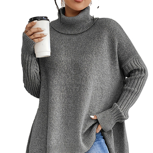 Pull long en tricot épais à col roulé, à épaules tombantes, décontracté et tendance pour l'hiver, couleur unie, pour femmes - Product Image 3